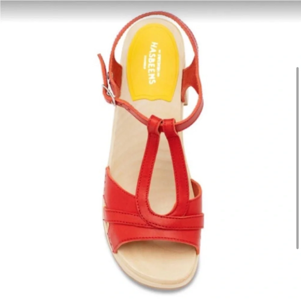 Swedish Hasbeens Red Leather Wooden Platform Sandals T-Strap Chunky Block Heel - Picture 14 of 16